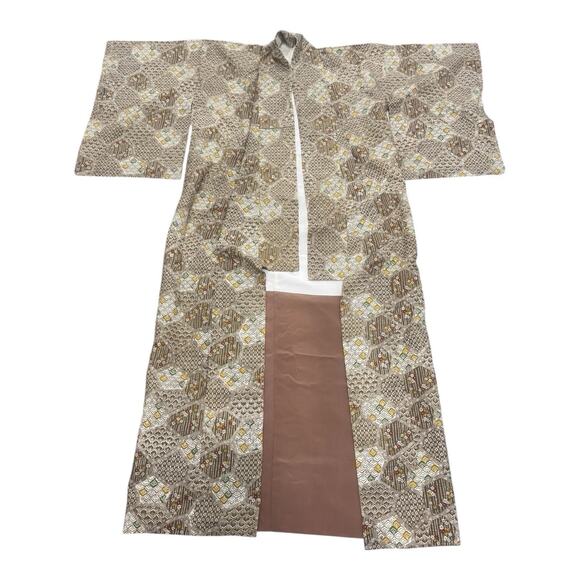 Handmade Other - Traditional Authentic T-Shaped Japanese Silk Kimono Brown Motif Patches AOP
